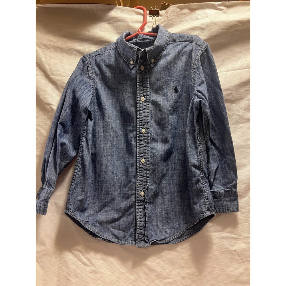 Ralph Lauren Boys Blue Denim Long Sleeve Button Down Shirt Size 5 Small